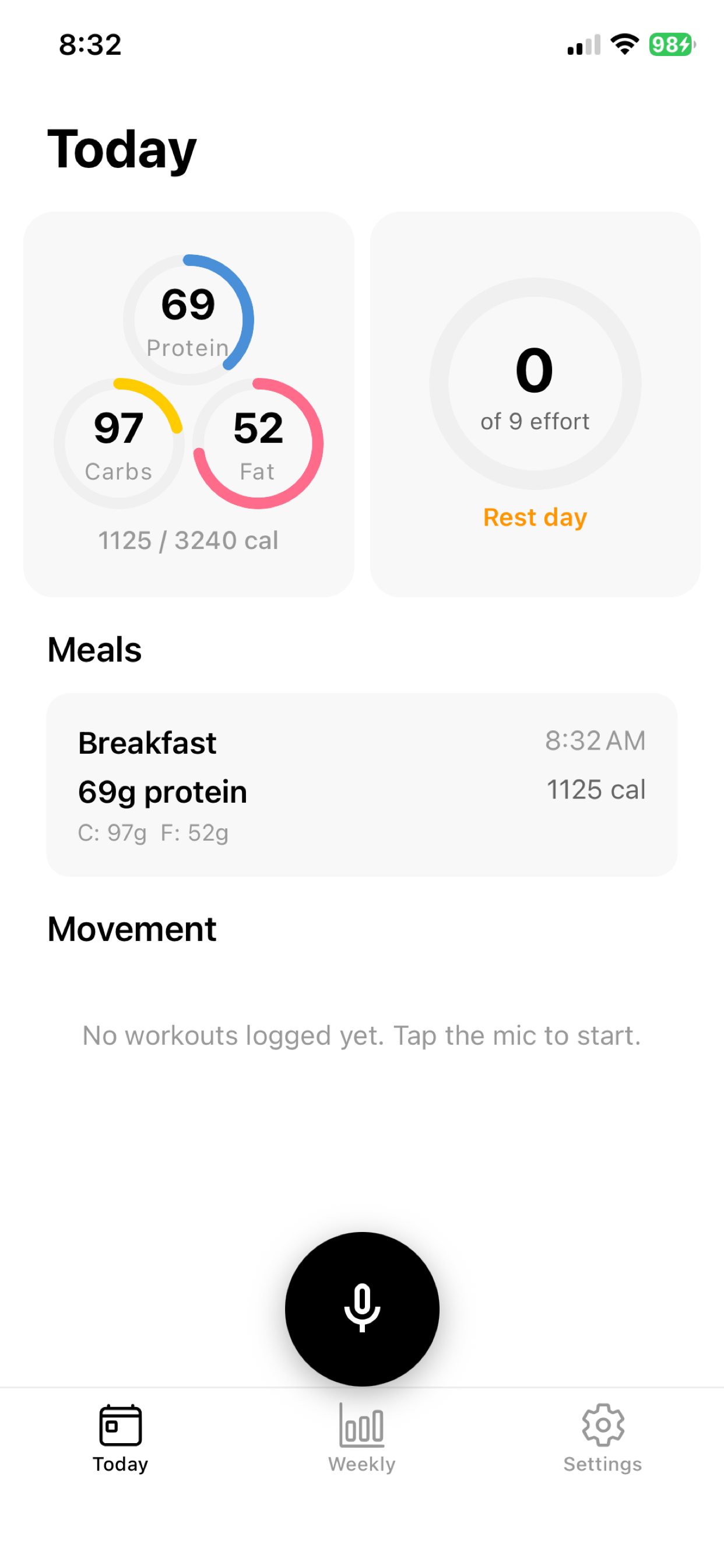 EasyGains home screen showing macro rings